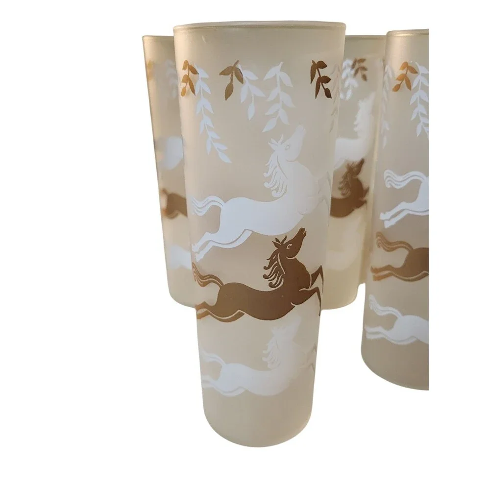 Vintage Libby 4 Tall Horses Leaping Frosted Glasses MCM Gold White 7
